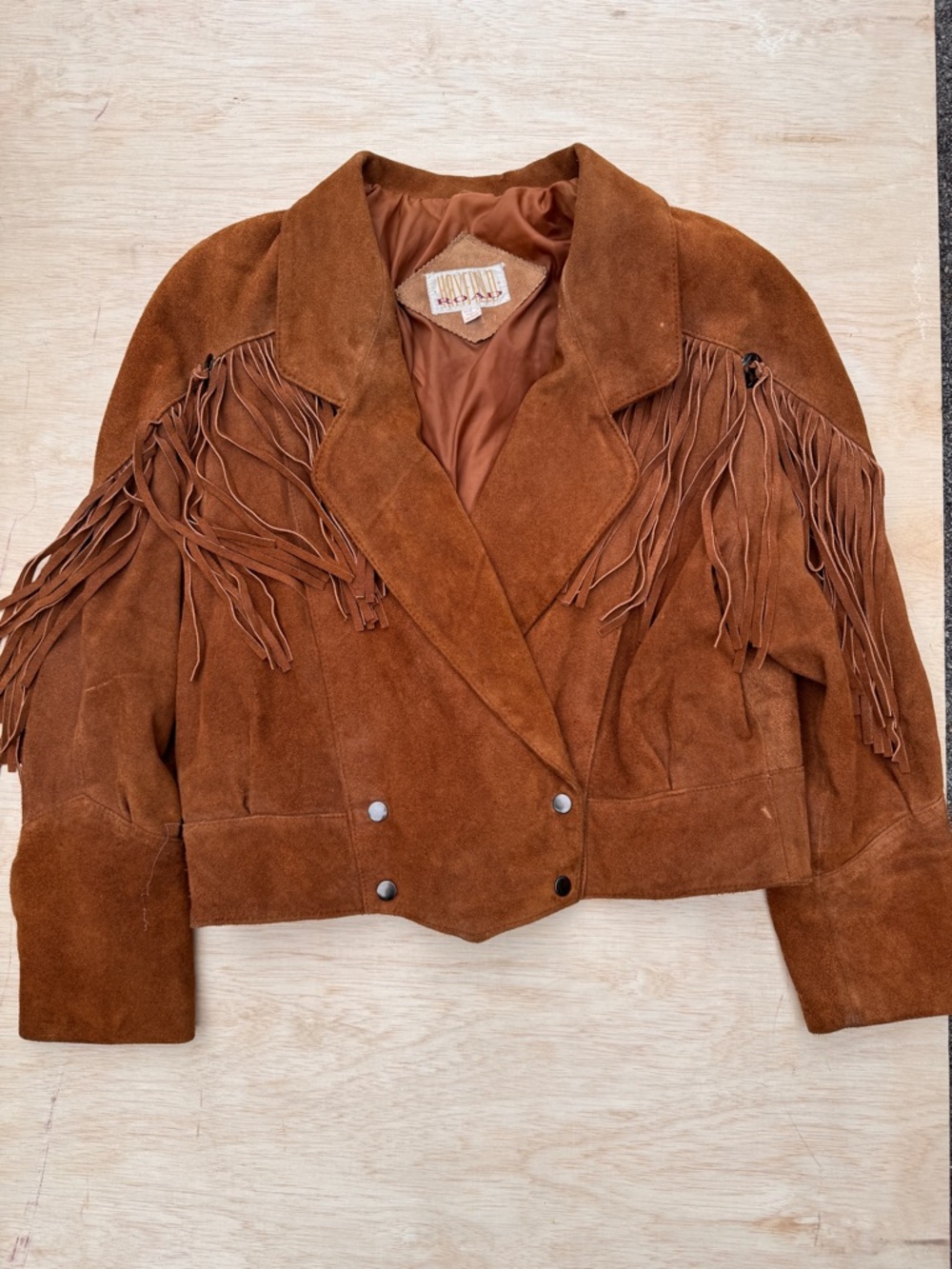 Vintage Hayfield road // tan sueded leather fringe western jacket size large